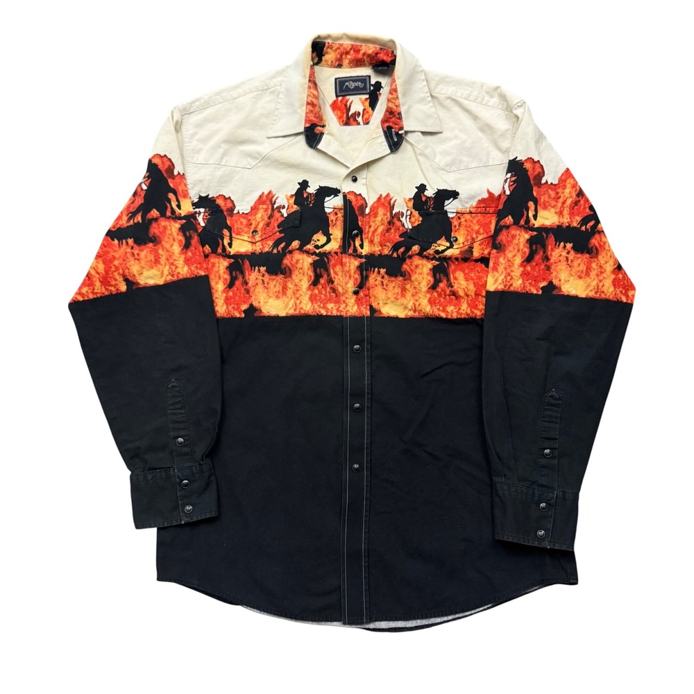 Vintage Roper Western Pearl Snap Shirt Cowboy Fire Flames L